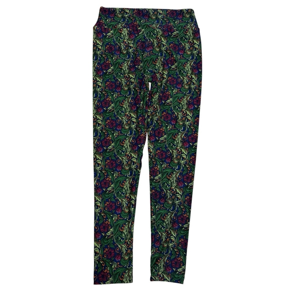 LuLaRoe One Size Blue Green Floral Scrollwork Leaf Stretch Leggings Buttery Soft